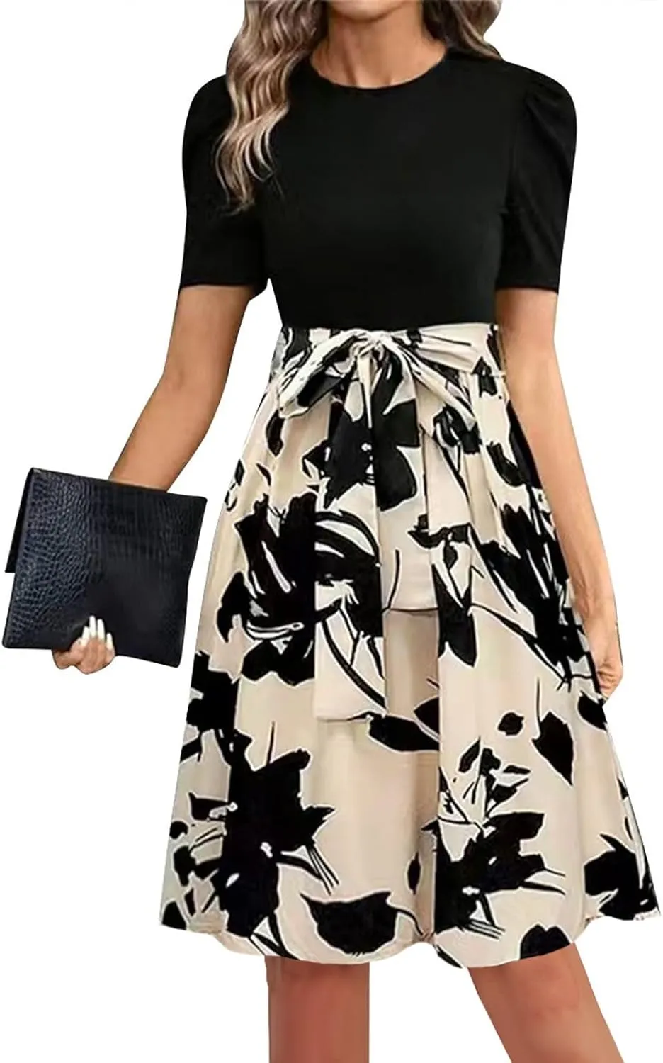 TWGONE Summer Dresses for Women Short Sleeve Casual Midi Dress Floral Print Flowy Church Wedding Guest Dresses with Belt