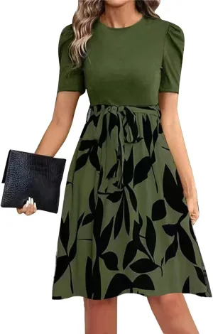 TWGONE Summer Dresses for Women Short Sleeve Casual Midi Dress Floral Print Flowy Church Wedding Guest Dresses with Belt