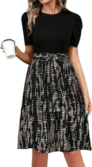 TWGONE Summer Dresses for Women Short Sleeve Casual Midi Dress Floral Print Flowy Church Wedding Guest Dresses with Belt