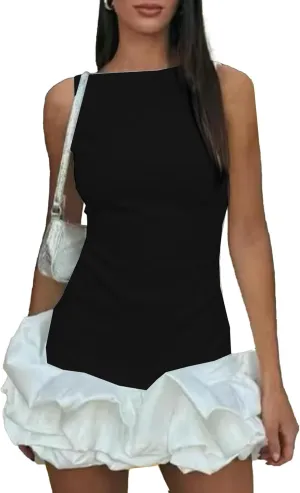 Unybwonn Women Ruffle Bubble Mini Dress Sleeveless Ruched Hem Bodycon Dresses a Line Mock Neck Tank Short Dress