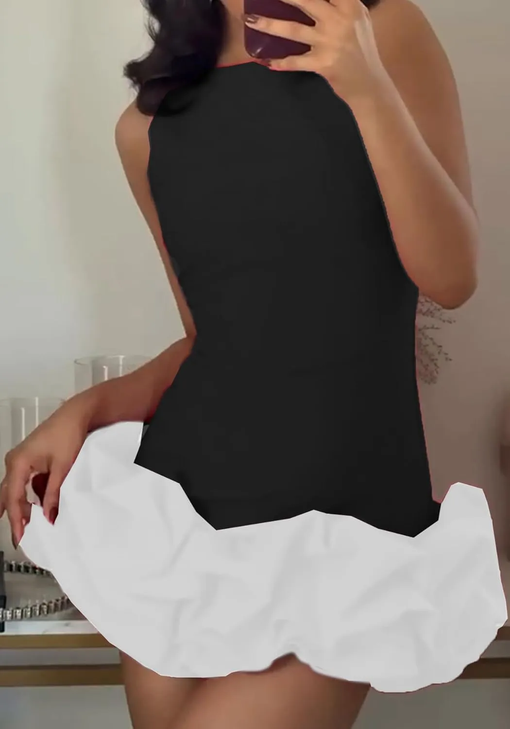 Unybwonn Women Ruffle Bubble Mini Dress Sleeveless Ruched Hem Bodycon Dresses a Line Mock Neck Tank Short Dress