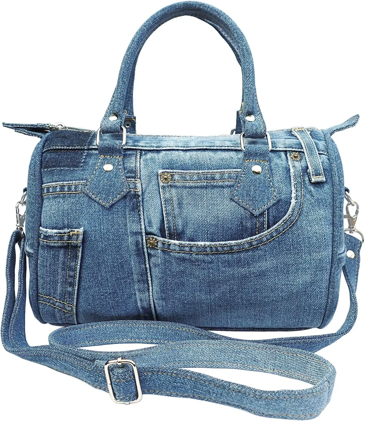 Upcycling Classic Blue Denim Jeans Pants Doctor Style Top-Handle Adjustable Shoulder Crossbody Women Handbag Purse LL-04 (Medium Shade)