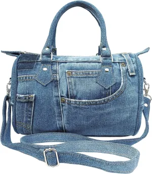 Upcycling Classic Blue Denim Jeans Pants Doctor Style Top-Handle Adjustable Shoulder Crossbody Women Handbag Purse LL-04 (Medium Shade)
