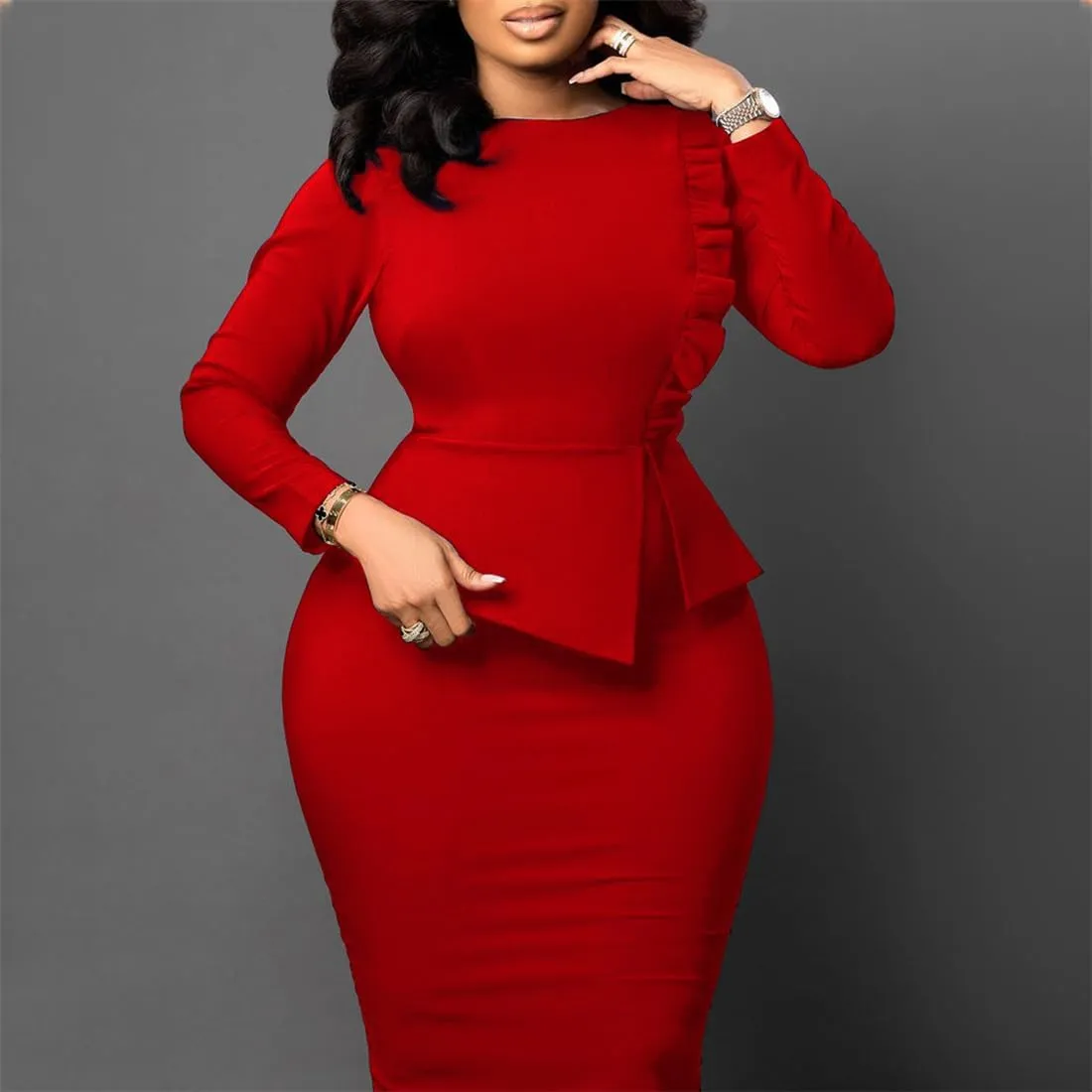 Useagrey Women Crew-Neck Plus Size Peplum Dress Church Wear to Work Bodycon Long Sleeve Midi Dresses