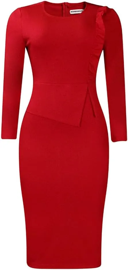 Useagrey Women Crew-Neck Plus Size Peplum Dress Church Wear to Work Bodycon Long Sleeve Midi Dresses