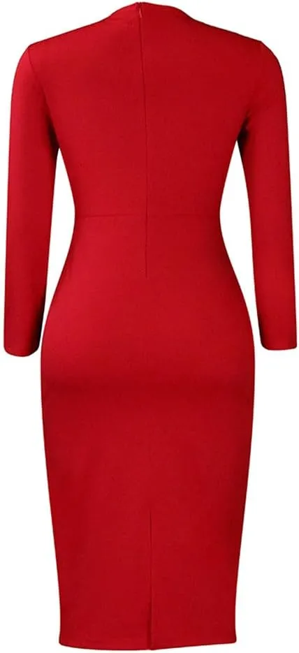 Useagrey Women Crew-Neck Plus Size Peplum Dress Church Wear to Work Bodycon Long Sleeve Midi Dresses
