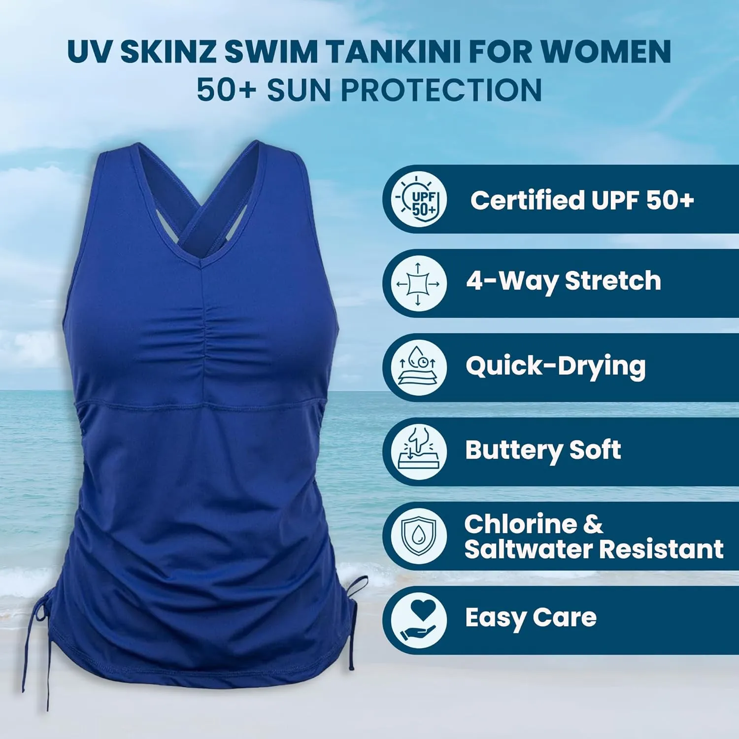 UV SKINZ Women's Swim Tankini  Modest Tankini Top with Built-in Bra, UPF 50  Sun Protection & Flattering Ruched Sides