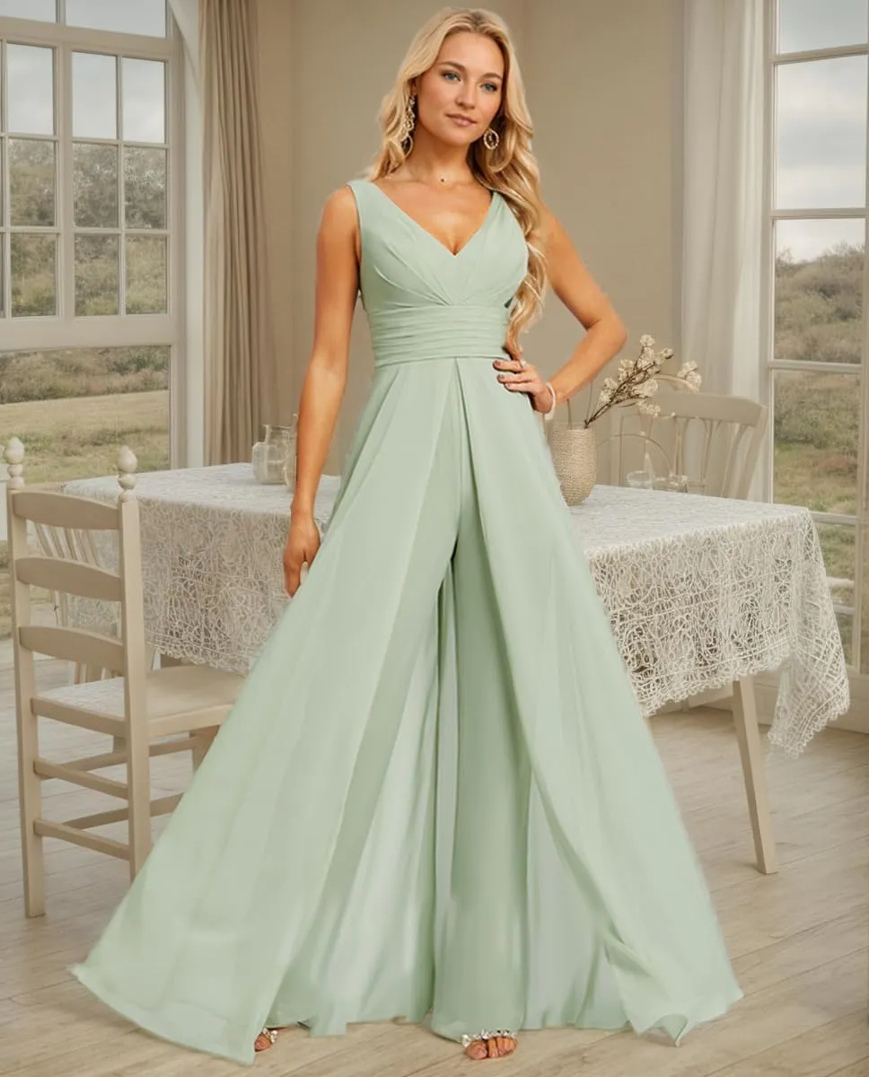 V Neck Chiffon Bridesmaid Jumpsuit for Women Sleeveless Wedding Party Jumpsuit Elegant Formal Outfit