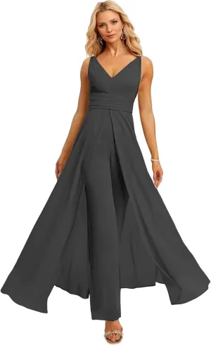 V Neck Chiffon Bridesmaid Jumpsuit for Women Sleeveless Wedding Party Jumpsuit Elegant Formal Outfit