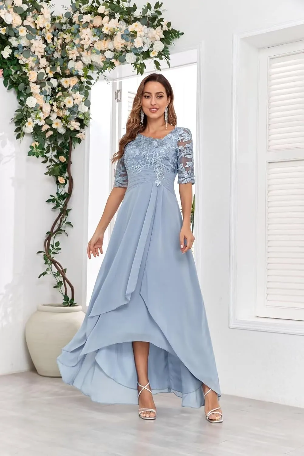 V-Neck Lace Mother of The Bride Dresses for Wedding Tea Length Half Sleeve Long Chiffon Formal Evening Gown