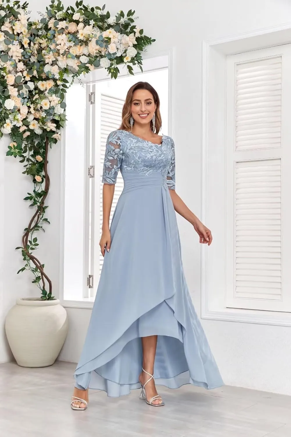 V-Neck Lace Mother of The Bride Dresses for Wedding Tea Length Half Sleeve Long Chiffon Formal Evening Gown