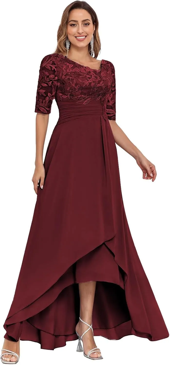 V-Neck Lace Mother of The Bride Dresses for Wedding Tea Length Half Sleeve Long Chiffon Formal Evening Gown
