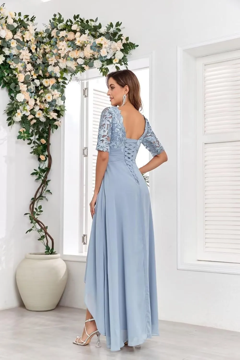 V-Neck Lace Mother of The Bride Dresses for Wedding Tea Length Half Sleeve Long Chiffon Formal Evening Gown