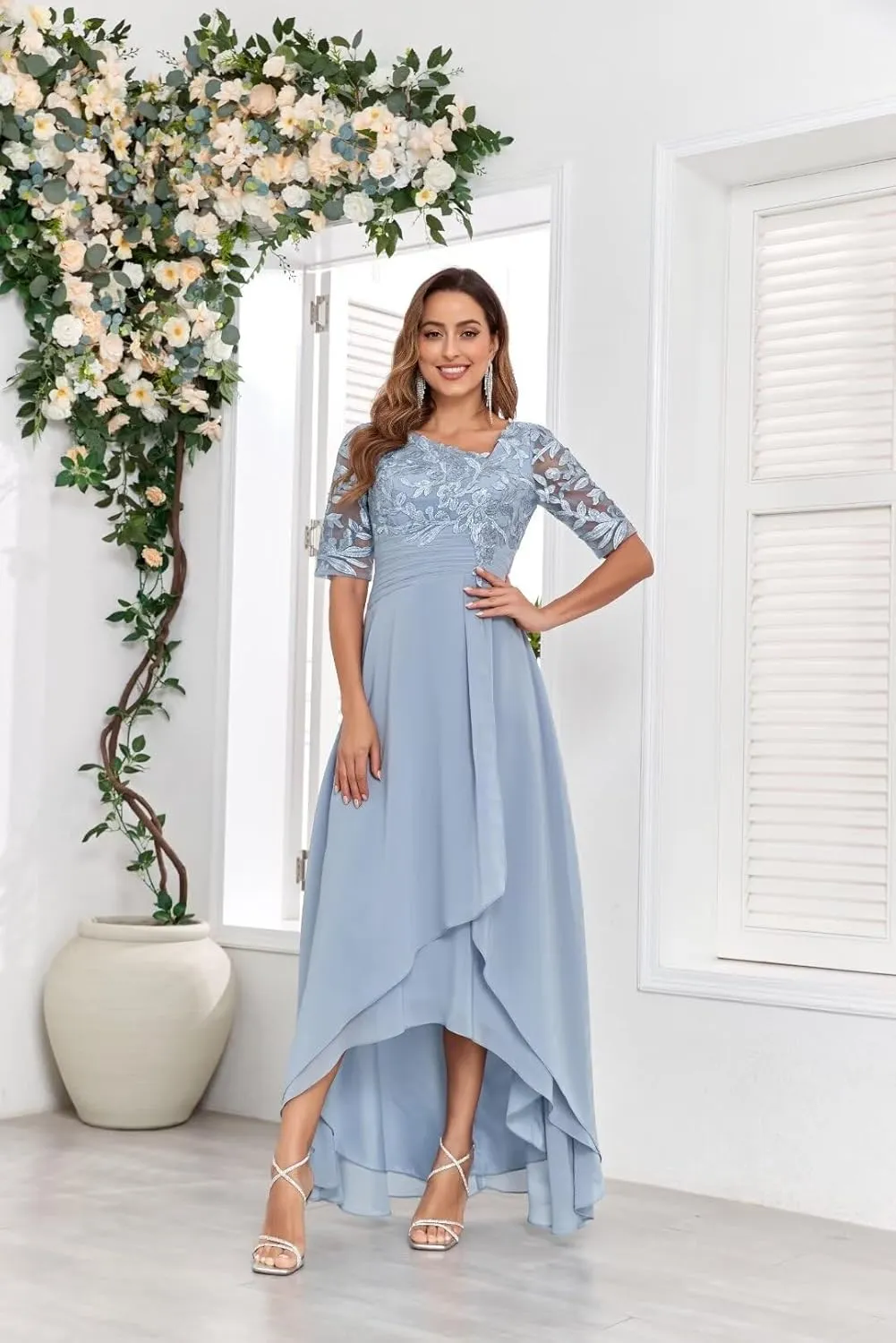 V-Neck Lace Mother of The Bride Dresses for Wedding Tea Length Half Sleeve Long Chiffon Formal Evening Gown