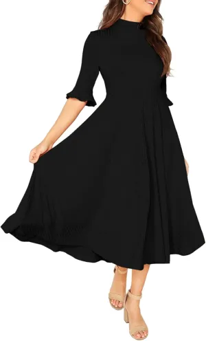 Verdusa Women's Elegant Ribbed Ruffle Half Sleeve A Line Dresses Fit and Flare Midi Dress