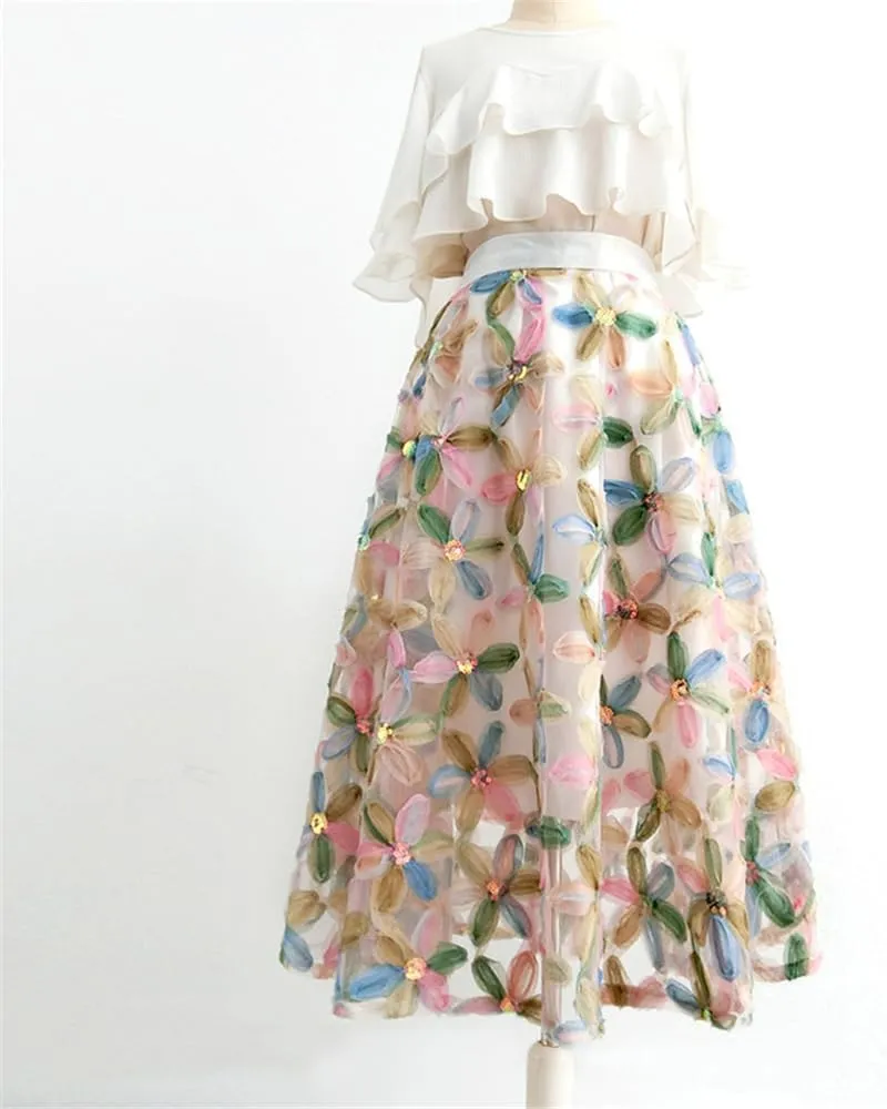 Vintage Chic Floral Pleated Midi Skirt for Women High Waist Empire Waist Tulle Skirt