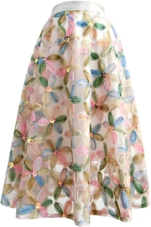 Vintage Chic Floral Pleated Midi Skirt for Women High Waist Empire Waist Tulle Skirt