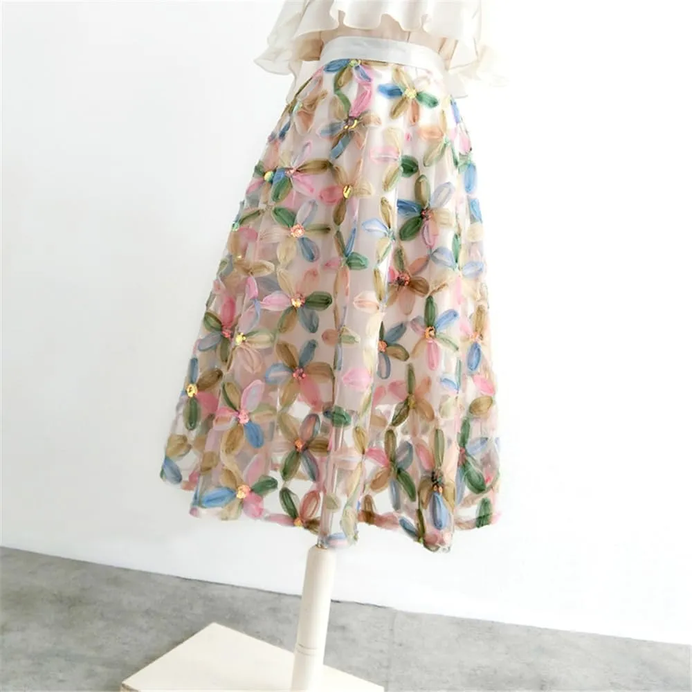 Vintage Chic Floral Pleated Midi Skirt for Women High Waist Empire Waist Tulle Skirt