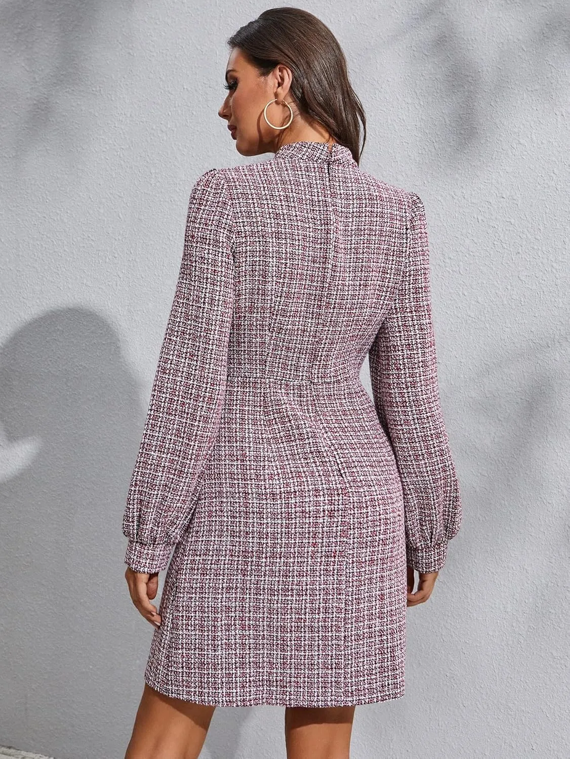WDIRARA Women's Plaid Tweed Mock Neck Lantern Long Sleeve Dress Casual A Line Dresses