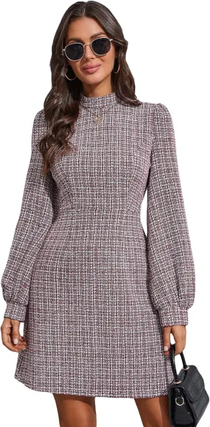 WDIRARA Women's Plaid Tweed Mock Neck Lantern Long Sleeve Dress Casual A Line Dresses
