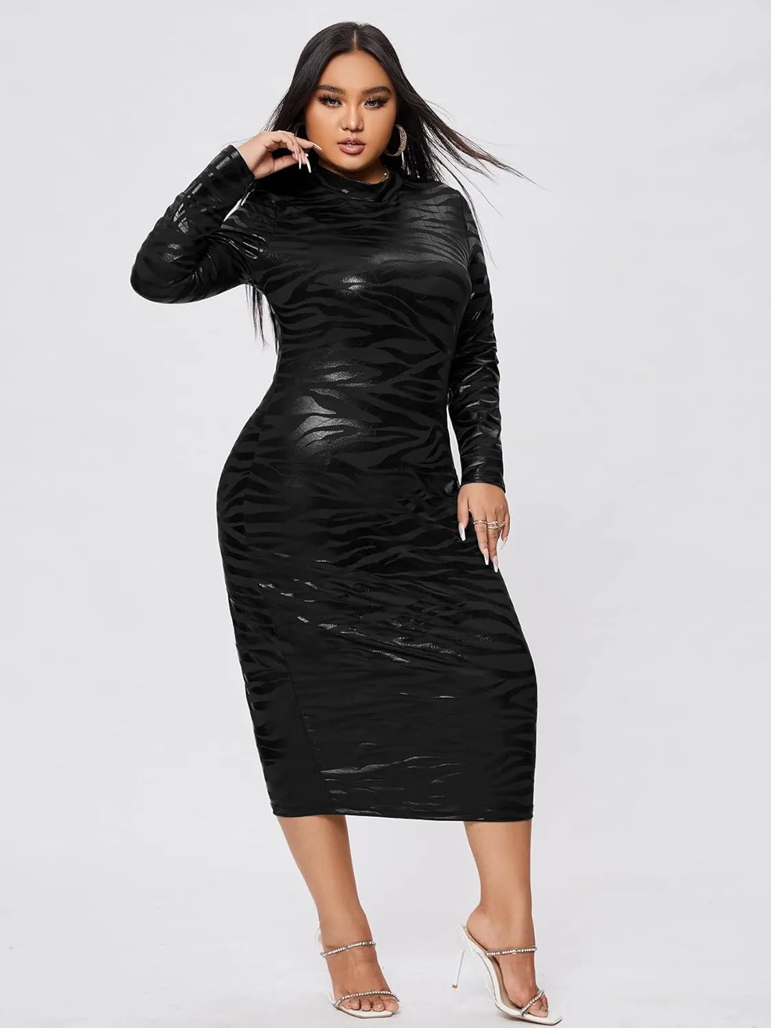 WDIRARA Women's Plus Size Zebra Print Long Sleeve Midi Dress Striped Mock Neck Bodycon Dresses