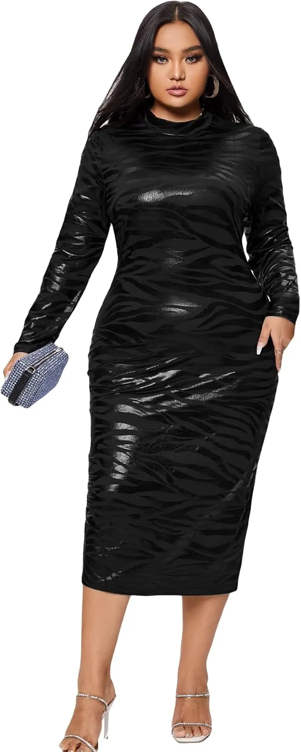 WDIRARA Women's Plus Size Zebra Print Long Sleeve Midi Dress Striped Mock Neck Bodycon Dresses