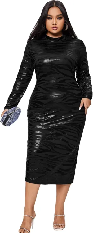 WDIRARA Women's Plus Size Zebra Print Long Sleeve Midi Dress Striped Mock Neck Bodycon Dresses