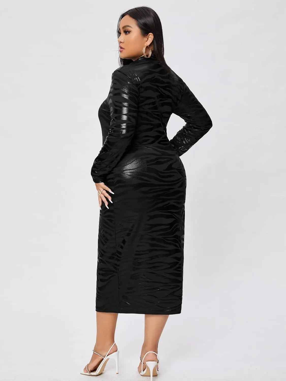 WDIRARA Women's Plus Size Zebra Print Long Sleeve Midi Dress Striped Mock Neck Bodycon Dresses