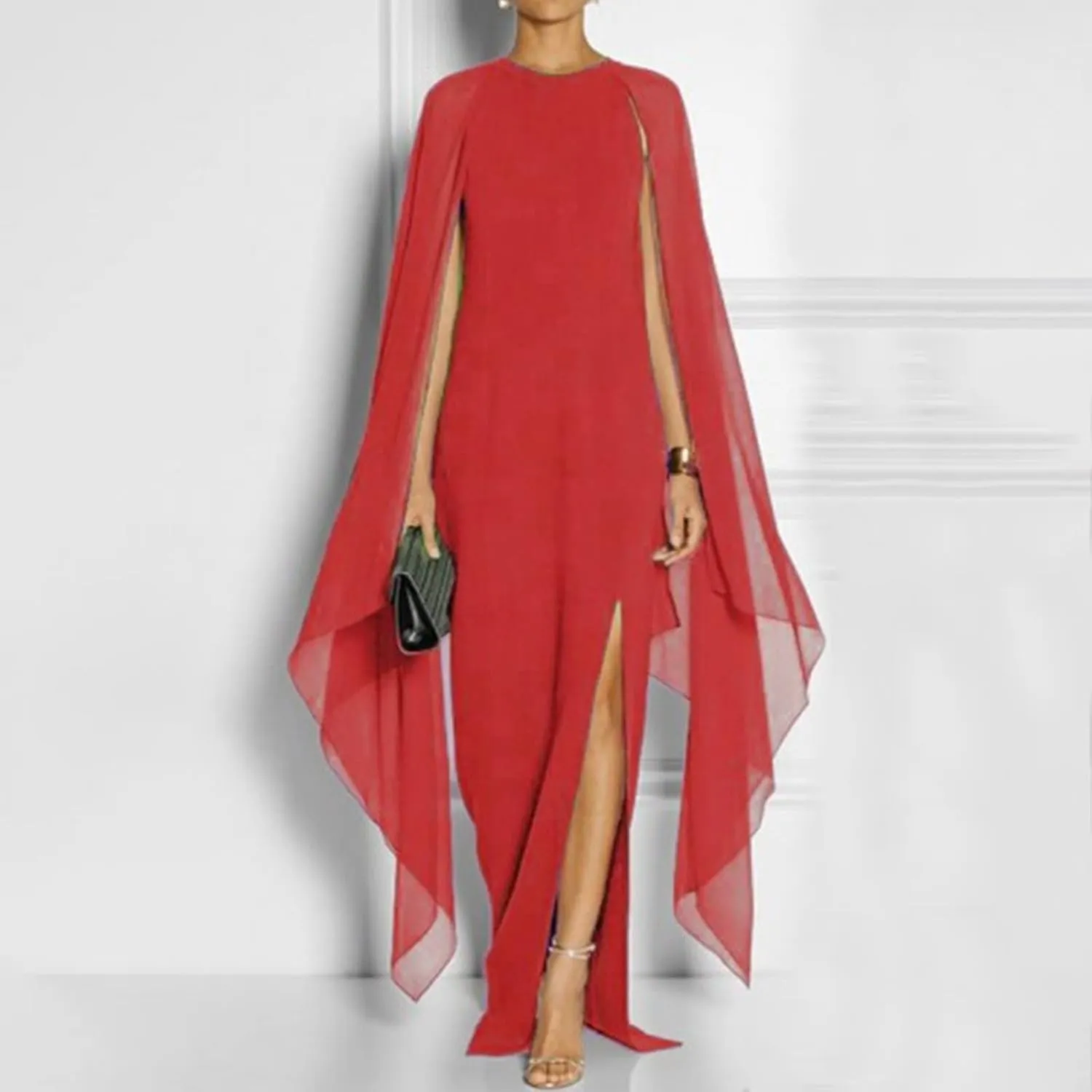 Wedding Dresses for Women Chiffon Elegant High Split Flare Sleeve Dress Formal Evening Gowns Maxi Dress with Cape
