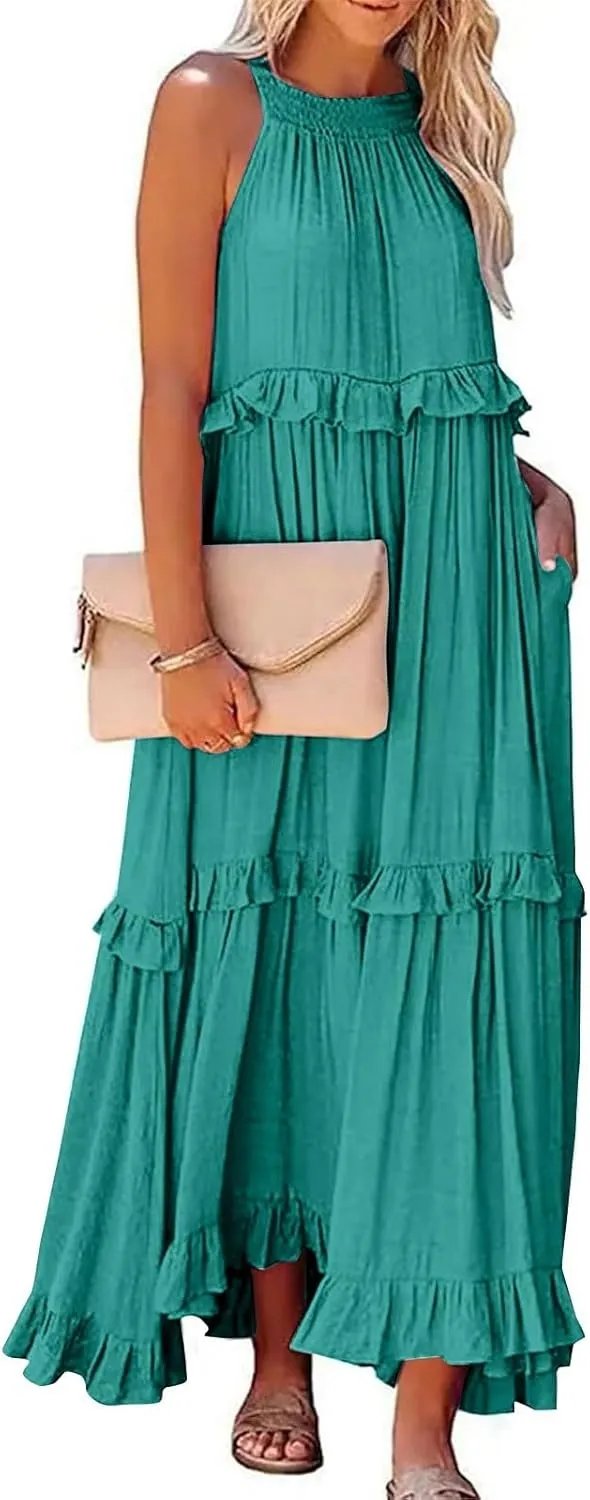Wedding Guest Dresses for Women Sexy Halter Flowy Swing Maxi Dress Tiered Pleated Elegant Cocktail Formal Long Dress