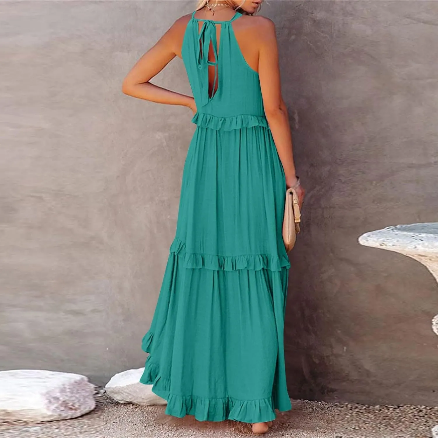 Wedding Guest Dresses for Women Sexy Halter Flowy Swing Maxi Dress Tiered Pleated Elegant Cocktail Formal Long Dress