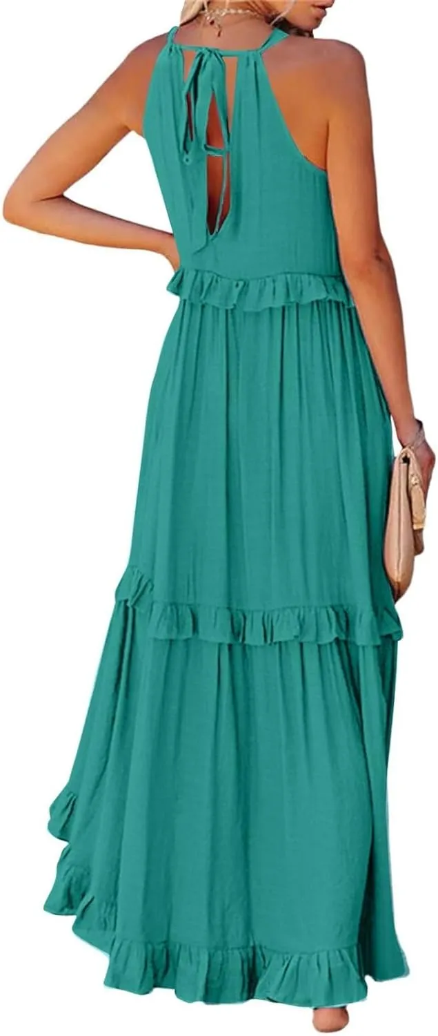 Wedding Guest Dresses for Women Sexy Halter Flowy Swing Maxi Dress Tiered Pleated Elegant Cocktail Formal Long Dress