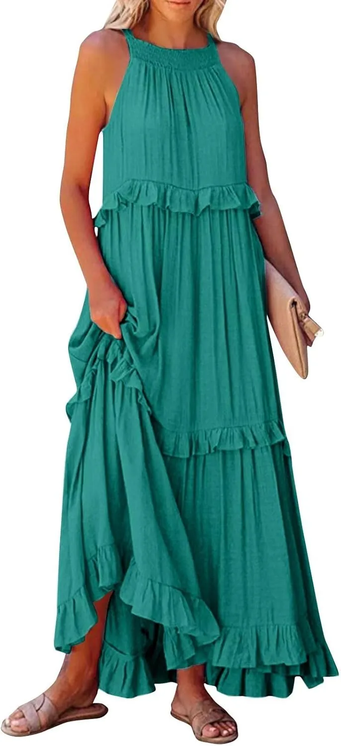 Wedding Guest Dresses for Women Sexy Halter Flowy Swing Maxi Dress Tiered Pleated Elegant Cocktail Formal Long Dress