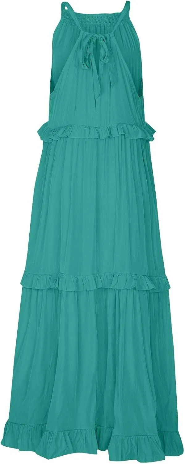 Wedding Guest Dresses for Women Sexy Halter Flowy Swing Maxi Dress Tiered Pleated Elegant Cocktail Formal Long Dress
