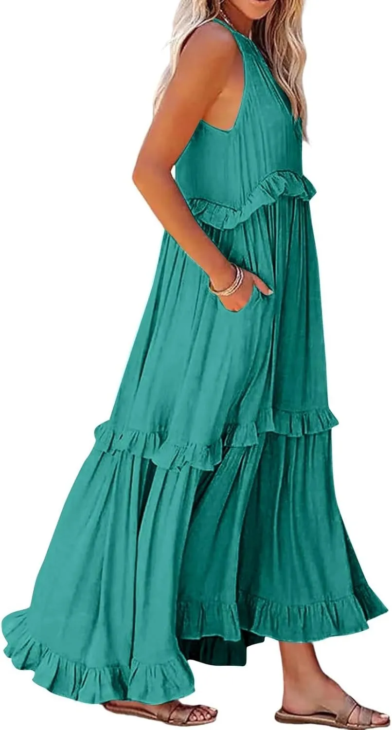 Wedding Guest Dresses for Women Sexy Halter Flowy Swing Maxi Dress Tiered Pleated Elegant Cocktail Formal Long Dress