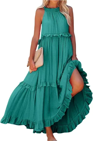 Wedding Guest Dresses for Women Sexy Halter Flowy Swing Maxi Dress Tiered Pleated Elegant Cocktail Formal Long Dress