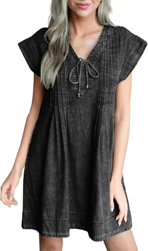 Wenrine Womens Denim Mini Dress Casual Summer Cap Sleeve Tie V Neck Loose Babydoll Jean Dresses
