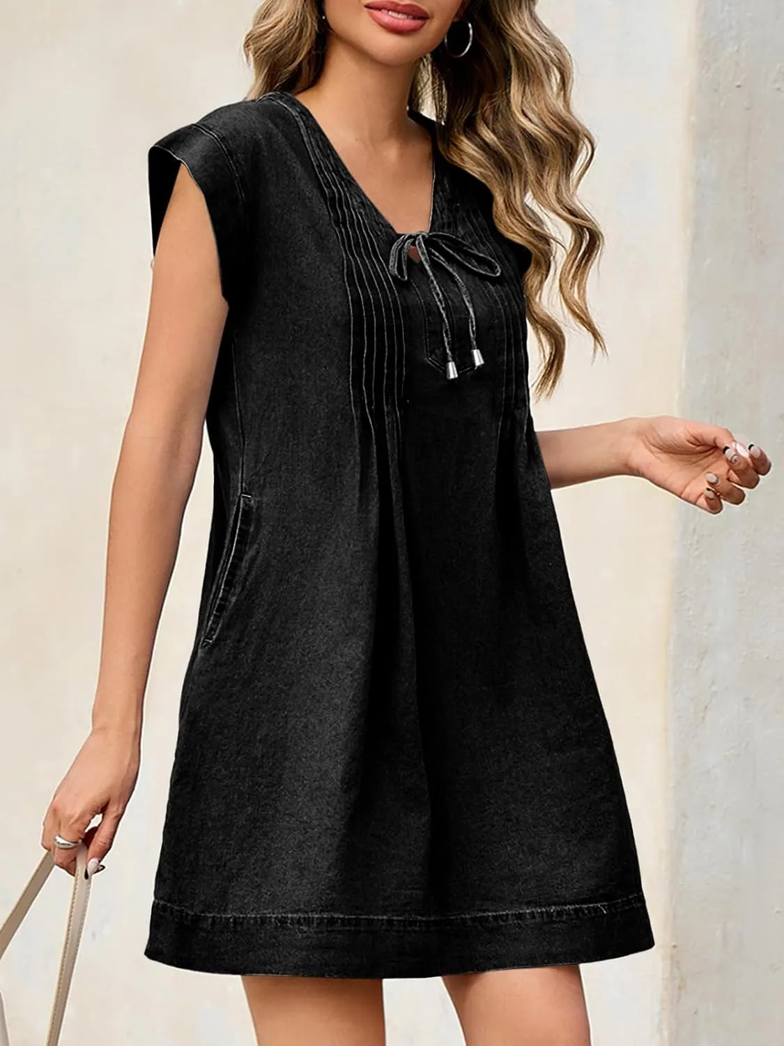 Wenrine Womens Denim Mini Dress Casual Summer Cap Sleeve Tie V Neck Loose Babydoll Jean Dresses