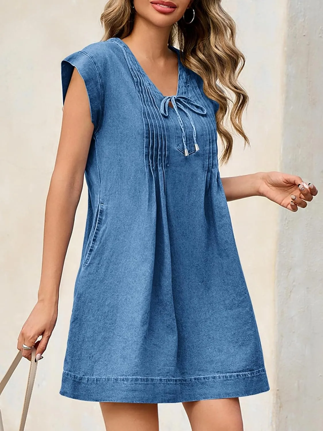 Wenrine Womens Denim Mini Dress Casual Summer Cap Sleeve Tie V Neck Loose Babydoll Jean Dresses