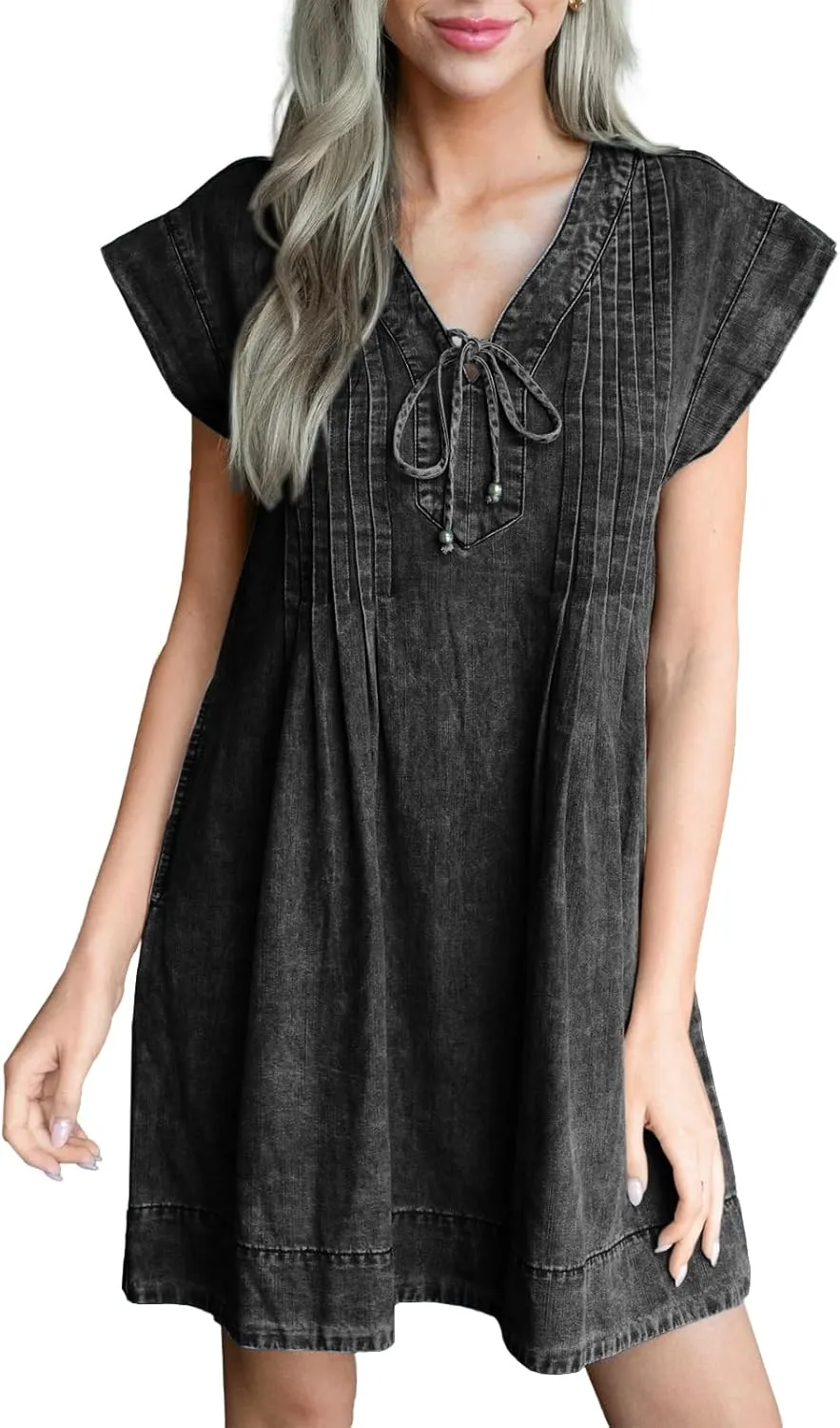 Wenrine Womens Denim Mini Dress Casual Summer Cap Sleeve Tie V Neck Loose Babydoll Jean Dresses