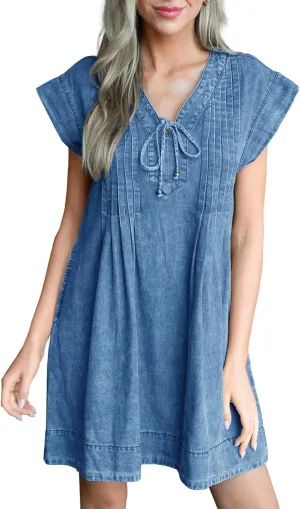 Wenrine Womens Denim Mini Dress Casual Summer Cap Sleeve Tie V Neck Loose Babydoll Jean Dresses