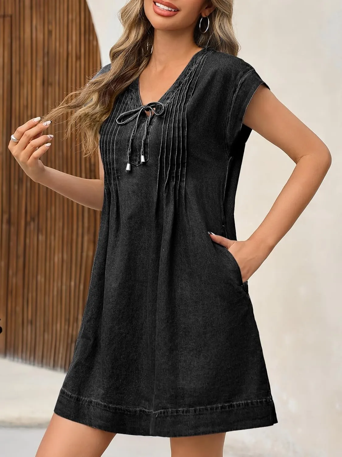Wenrine Womens Denim Mini Dress Casual Summer Cap Sleeve Tie V Neck Loose Babydoll Jean Dresses