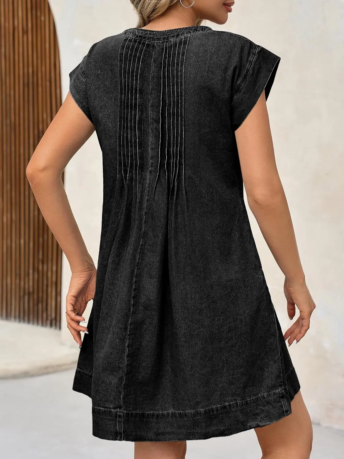 Wenrine Womens Denim Mini Dress Casual Summer Cap Sleeve Tie V Neck Loose Babydoll Jean Dresses