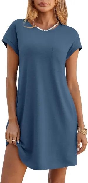 Wenrine Womens Summer T Shirt Dress Casual Short Sleeve Crewneck Loose Flowy Mini Dresses with Pockets