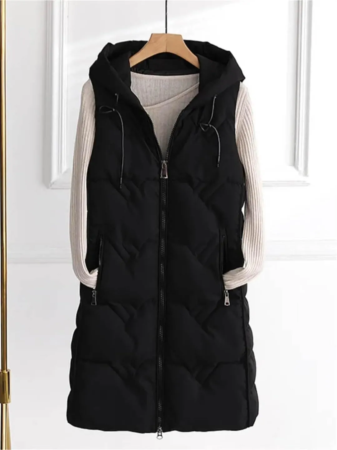 Winter Long Cotton Vest Women Warm Padded Waistcoat Ladies Zipper Hooded Vest Chic Sleeveless Coat