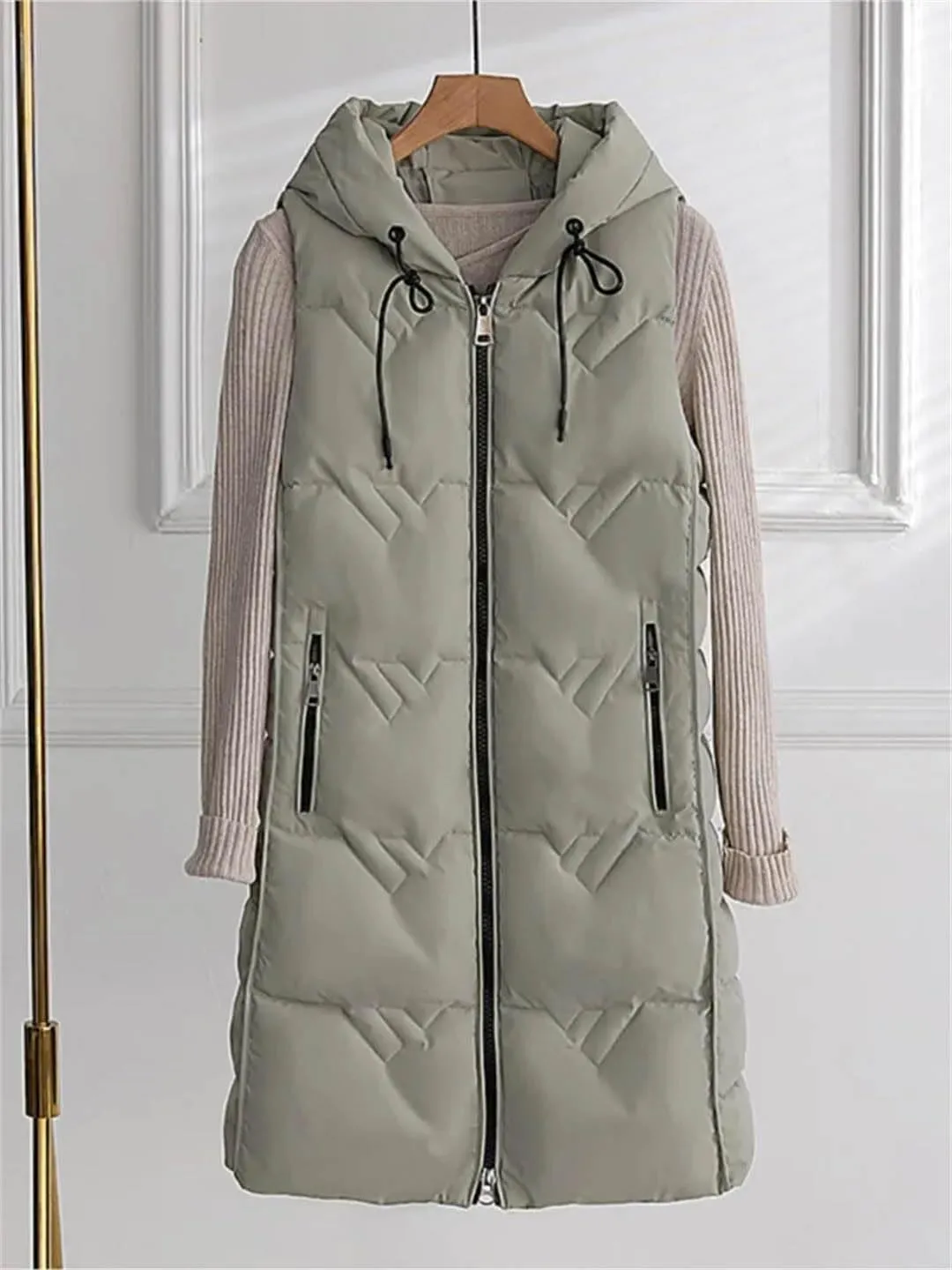 Winter Long Cotton Vest Women Warm Padded Waistcoat Ladies Zipper Hooded Vest Chic Sleeveless Coat