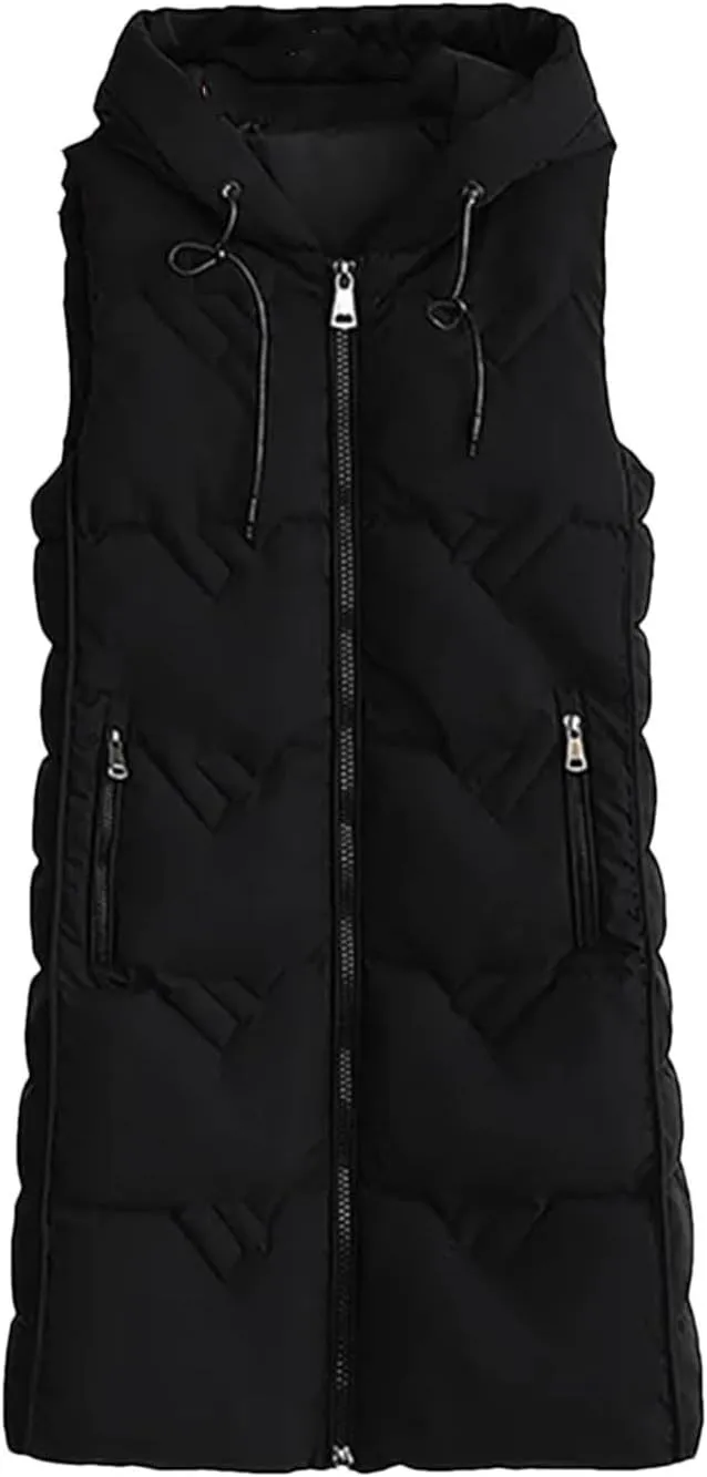 Winter Long Cotton Vest Women Warm Padded Waistcoat Ladies Zipper Hooded Vest Chic Sleeveless Coat