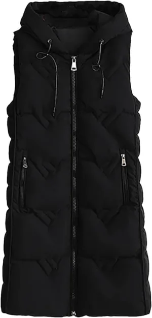 Winter Long Cotton Vest Women Warm Padded Waistcoat Ladies Zipper Hooded Vest Chic Sleeveless Coat