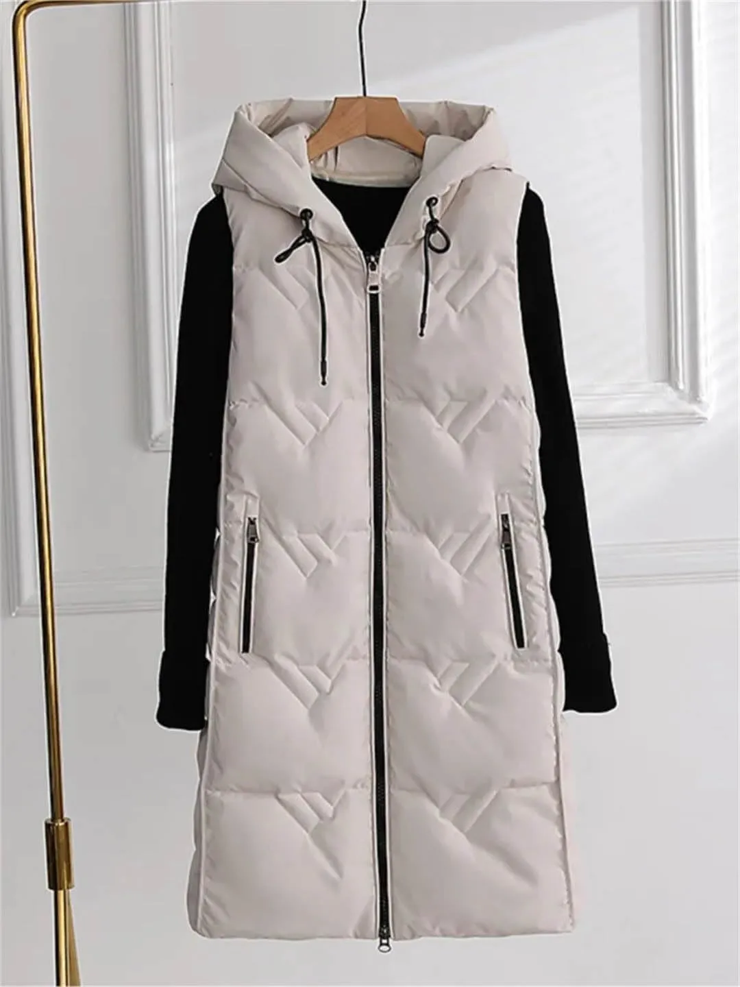 Winter Long Cotton Vest Women Warm Padded Waistcoat Ladies Zipper Hooded Vest Chic Sleeveless Coat