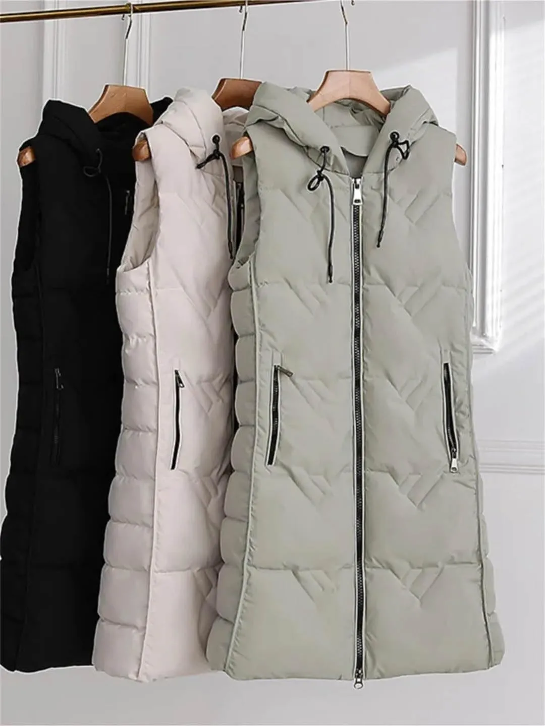 Winter Long Cotton Vest Women Warm Padded Waistcoat Ladies Zipper Hooded Vest Chic Sleeveless Coat